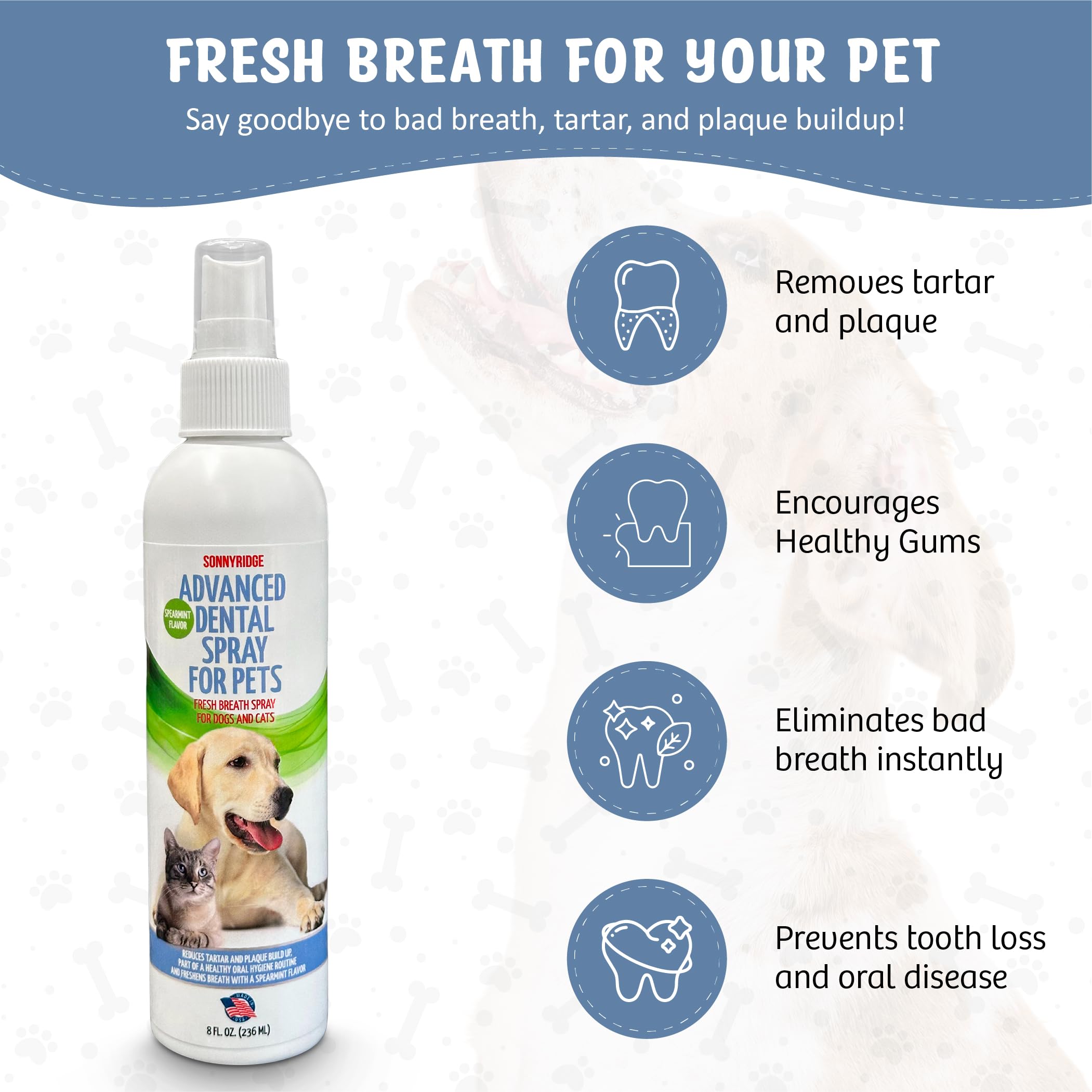 El spray dental para perros elimina el sarro, la placa y refresca el aliento al instante. El aerosol dental más avanzado para dientes saludables, encías y cuidado de la salud bucal