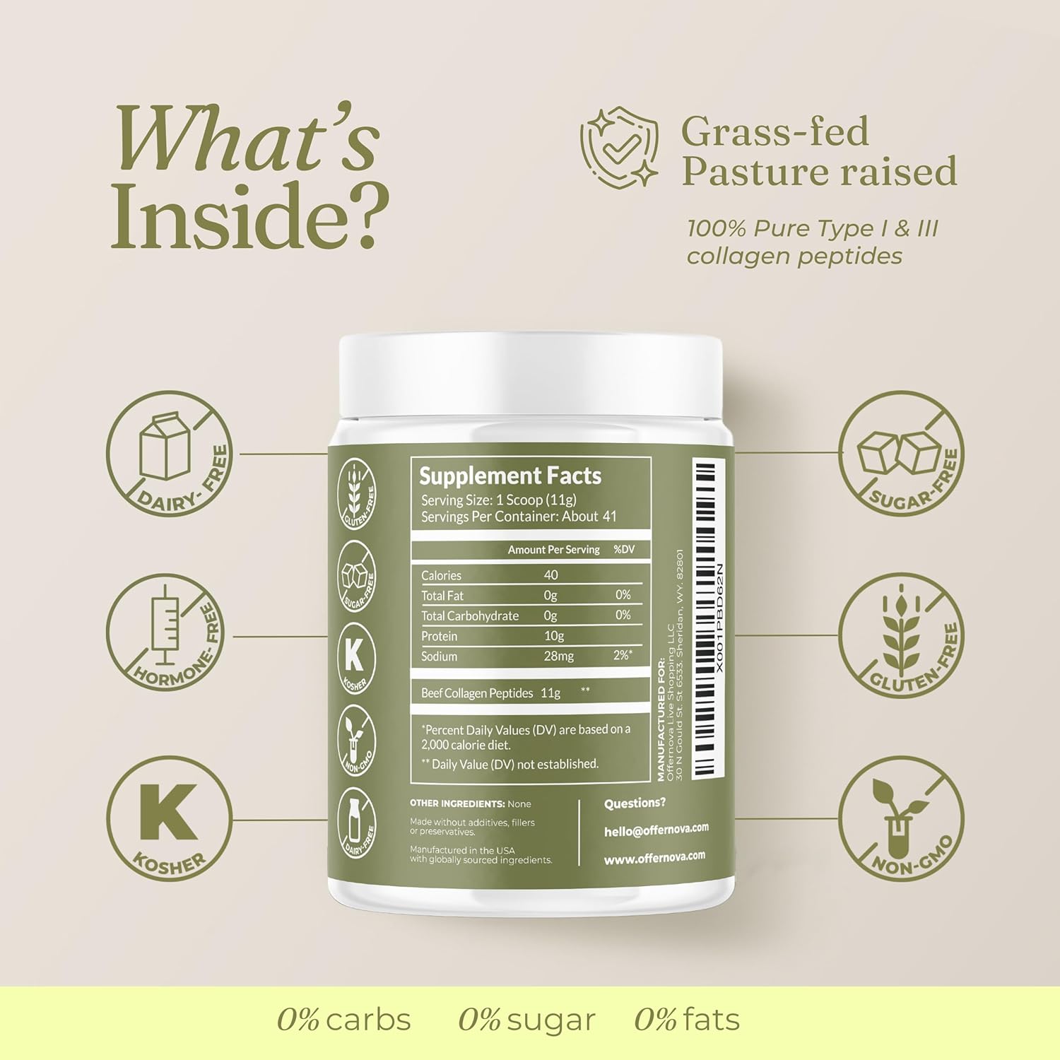 Polvo de péptidos de colágeno hidrolizados - 100% puro, alimentado con pasto y sin sabor para mujeres y hombres - para huesos saludables, articulaciones, cabello y piel